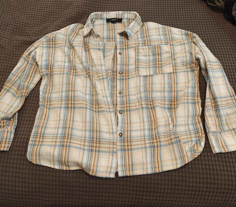 Casual Men's Plaid Button-Up Shirt in Cream, Blue & Tan